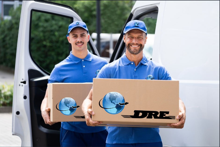 two delivery guys in blue going to deliver thier packages